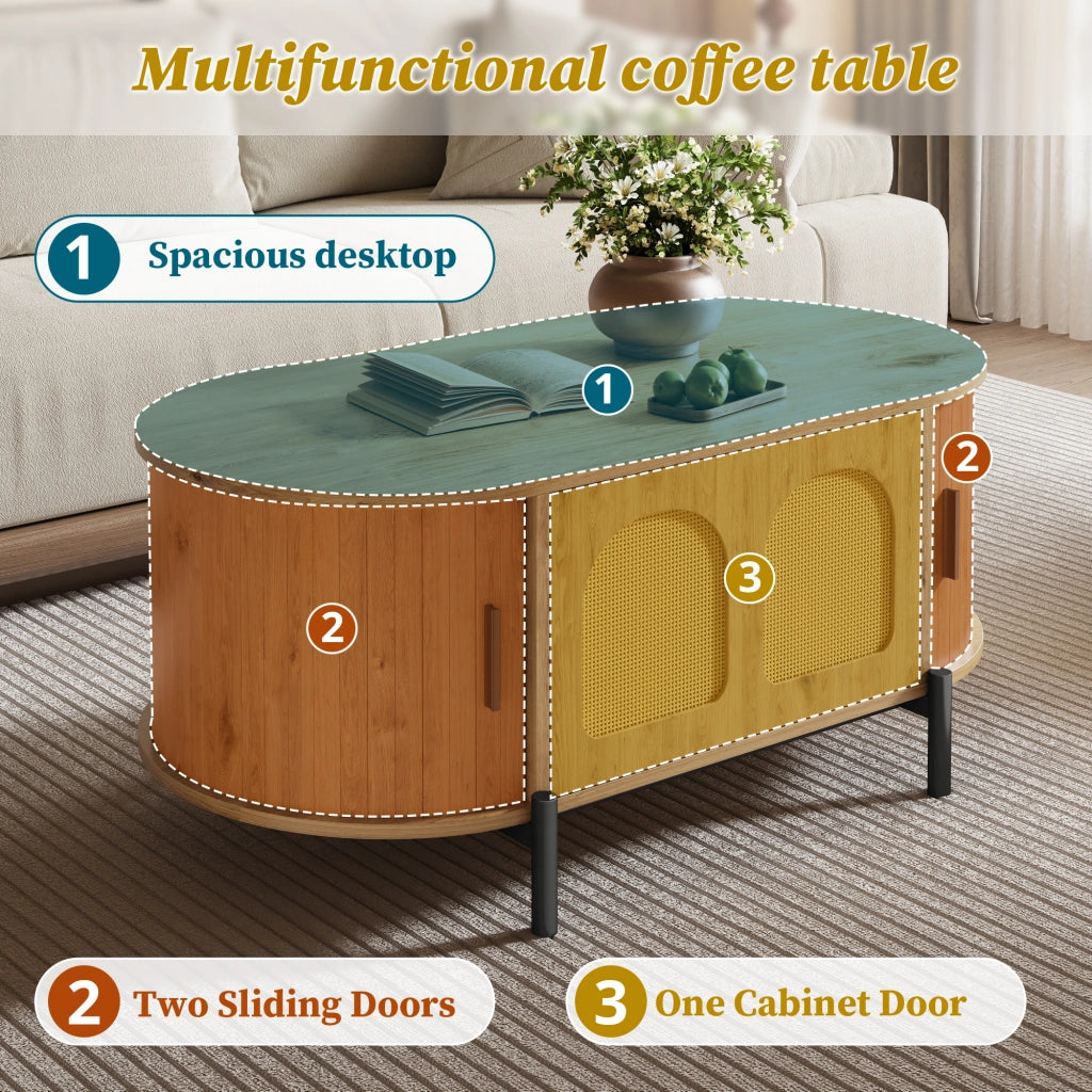 Tavolino da salotto ovale con 3 ante scorrevoli in rattan; vano contenitore; per soggiorno; MDF naturale 100 × 50 × 40 cm