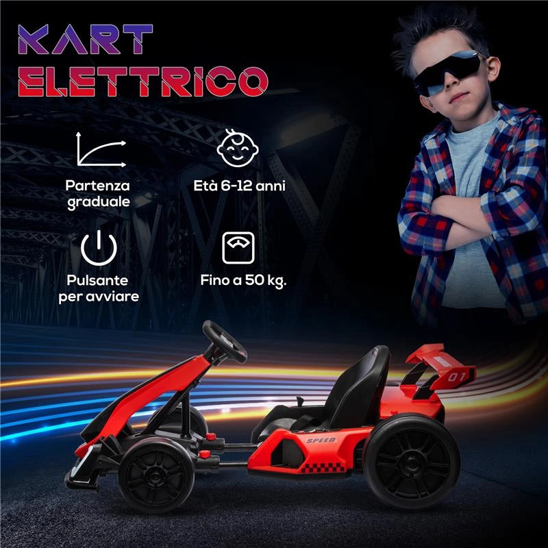 GO KART ELETTRICO PER BAMBINI 6-12 ANNI 24V 12KM/H CON SEGGIOLINO REGOLABILE, ROSSO