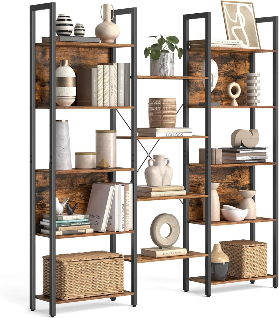 VASAGLE Libreria, Scaffale Portaoggetti, con 14 Ripiani, Struttura in Metallo, Soggiorno Studio Ufficio, Stile Industriale, 24 x 158 x 166 cm, Marrone Vintage e Nero Inchiostro LLS107B01