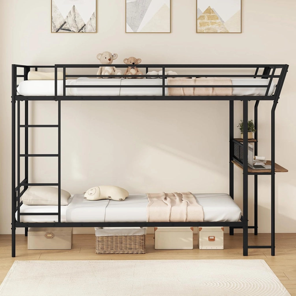 Letto a Castello con Scrivania, 90x190 cm, Struttura Letto in Metallo con Postazione di Lavoro in Legno, con Sponde di Sicurezza e Scala, Lettino Loft Carico 220 kg