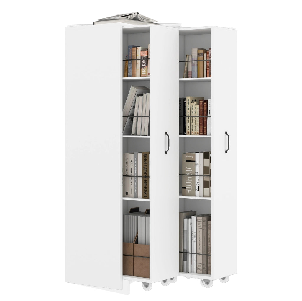 Libreria estraibile su ruote a 4 ripiani; MDF bianco; 51;5 x 41 x 158 cm