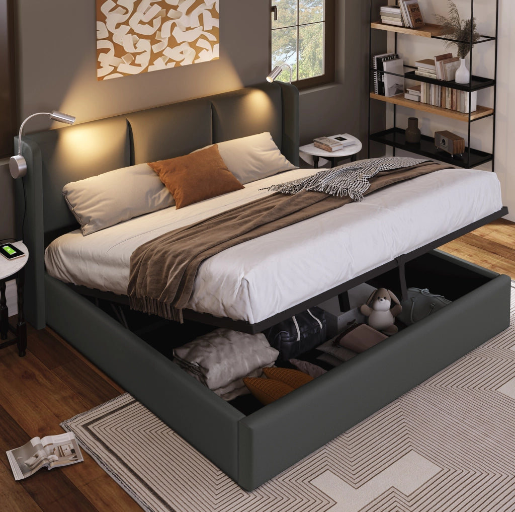 Letto matrimoniale imbottito 160x200 cm grigio con contenitore