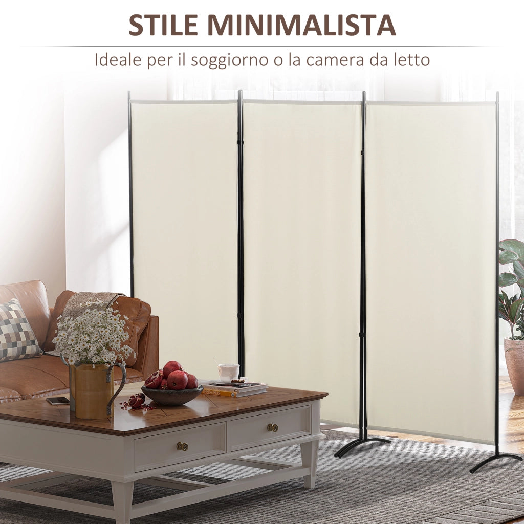 Paravento Separ¨¦ da Interno a 3 Pannelli Pieghevole in Metallo e Poliestere, 253x50x182cm, Beige