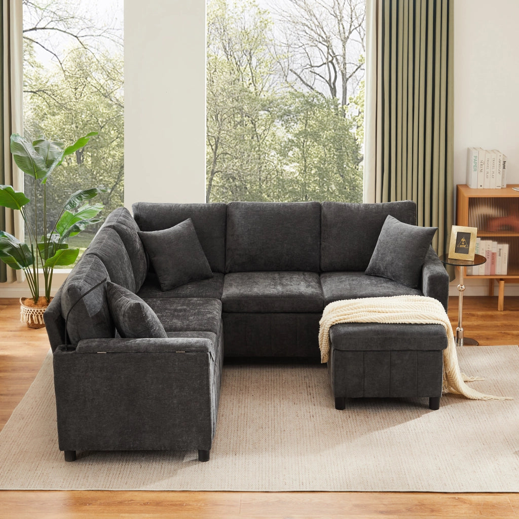 Divano angolare convertibile con funzione letto, usb e type-c, pouf contenitore in chenille grigio 205 × 205 × 85 cm
