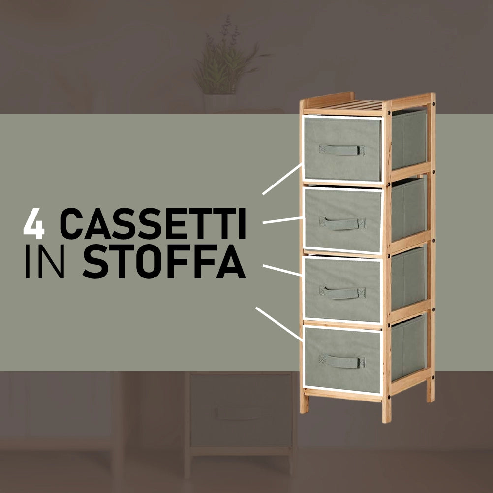 Mobile Cassettiera 4 Cassetti in Legno Naturale e Stoffa Colore Grigio H 89cm