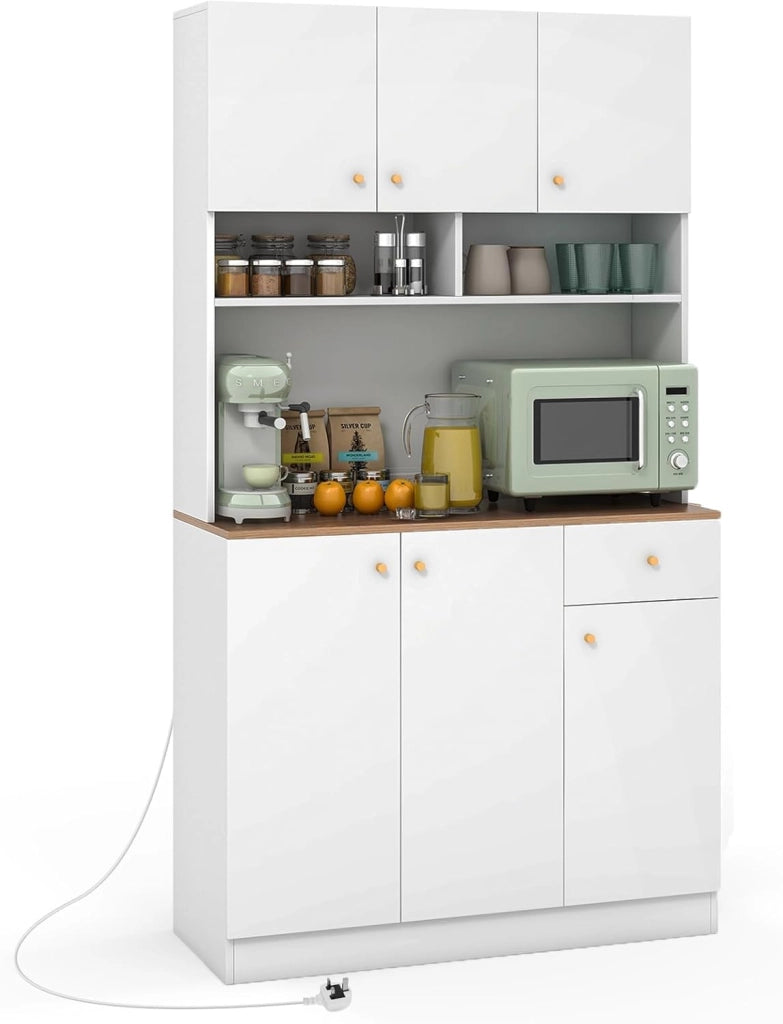 Credenza Alta da Cucina con Stazione di Ricarica, Mobile Dispensa con Cassetto e Porte, Armadietto a Buffet con Ripiani Regolabili, 100x40x181cm, per Sala da Pranzo (In 2 Pacchi) (Nero)