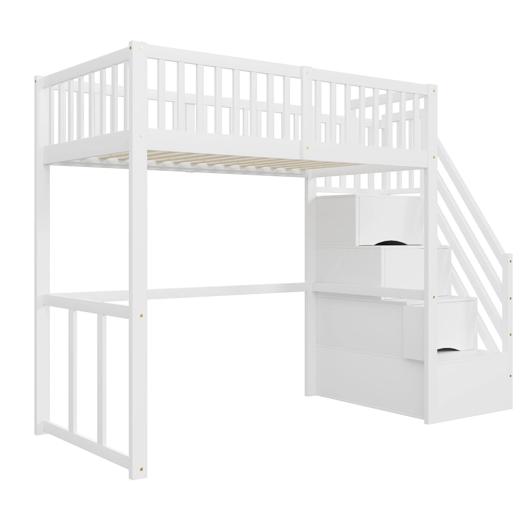 Letto a soppalco 90x200 in legno di pino con scala contenitore e tavolo incluso