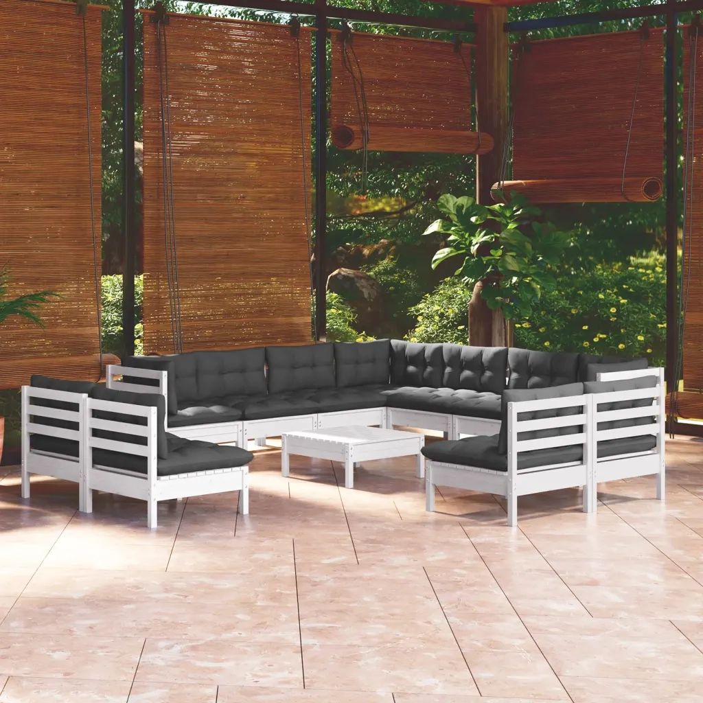 Set Divani da Giardino 12 pz con Cuscini Bianchi Legno di Pino 3096870