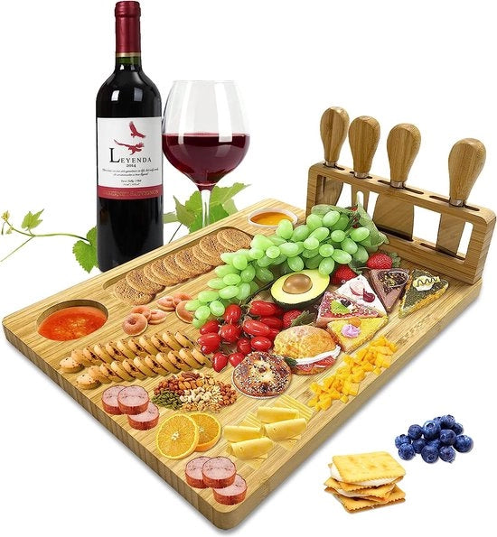 Tavolo per formaggi con set di formaggi, piatto per formaggi in bambù, tavolo per charcuterie, piatto per servizio di formaggi, tavolo da servizio, regalo per Natale, Thanksgiving, tavolo per formaggi, regalo di matrimonio