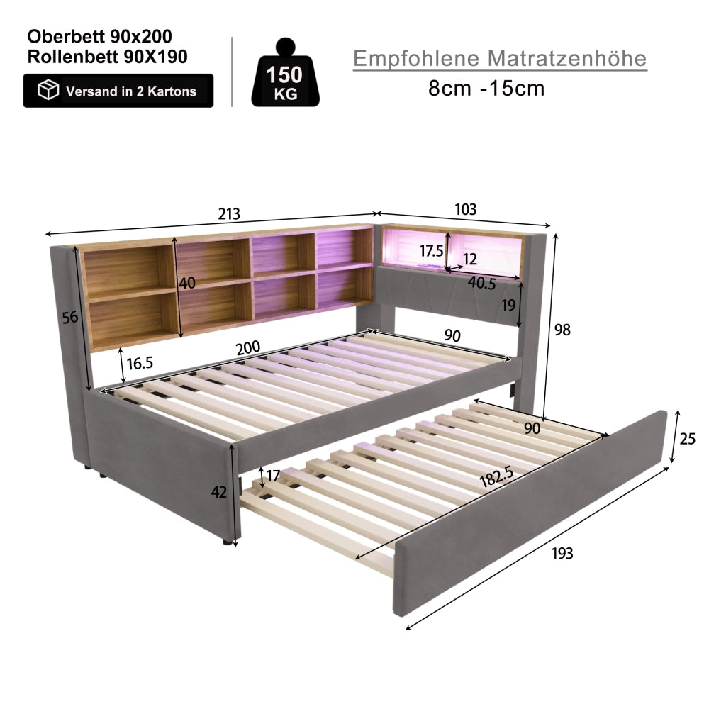 DESMIU Divano letto 90 × 200 cm 2 posti con LED, USB e Type-C, senza materasso, grigio scuro