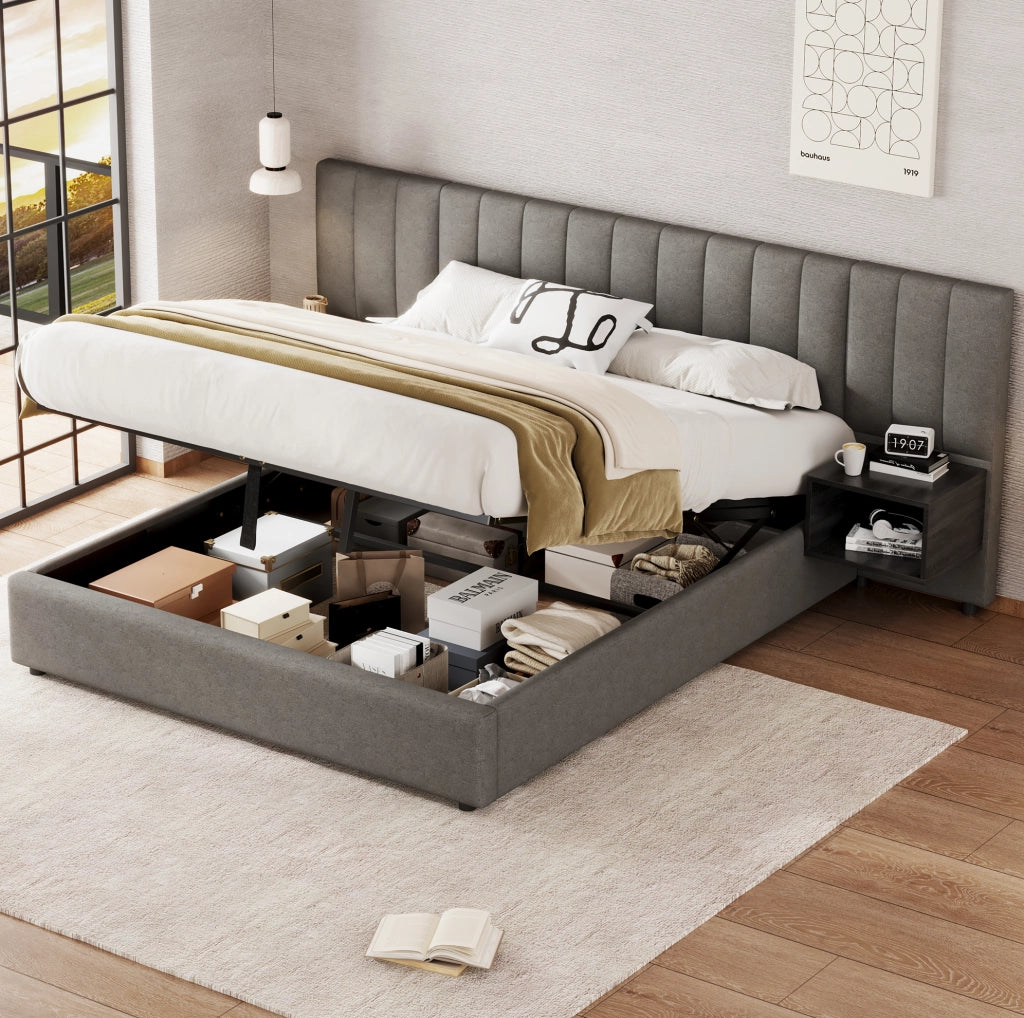 Letto contenitore 160x200 cm in lino grigio e nero con 2 comodini e rete a doghe