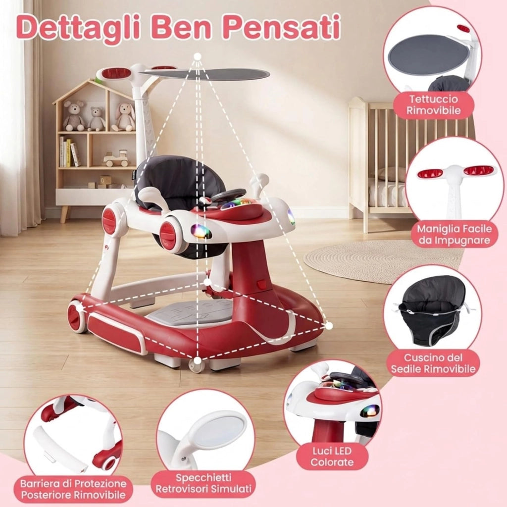 Girello per Bambini 6-in-1 Evolutivo, Centro Attività Pieghevole con Maniglia, Regolazione Altezza/Velocità, con Musica, Luci Tenda, per Neonati 6-18 Mesi (Rosso+Bianco)