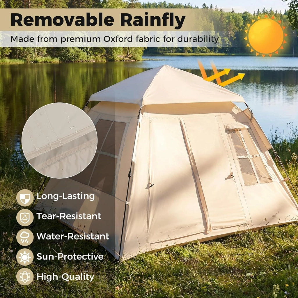 Tenda da Campeggio 3-4 Persone, Tenda Familiare con 4 Finestre Antizanzare Traspiranti e 2 Porte, Telo Antipioggia Rimovibile e Protezione Solare, Facile da Montare