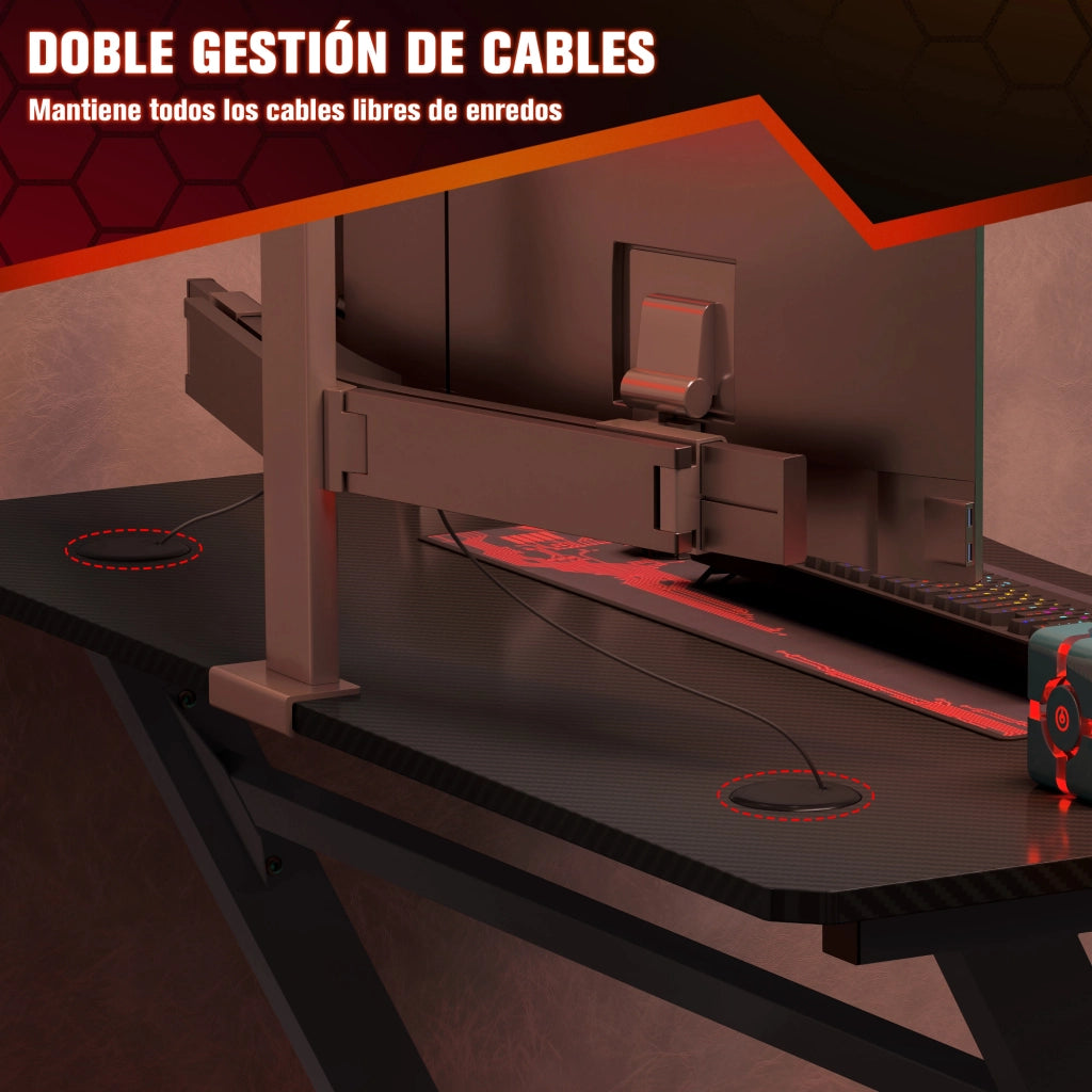 Scrivania Gaming con Supporto Monitor e Porta Auricolari ¨C zephmum ¨C Nero Effetto Fibra di Carbonio 120x65x74.5 cm