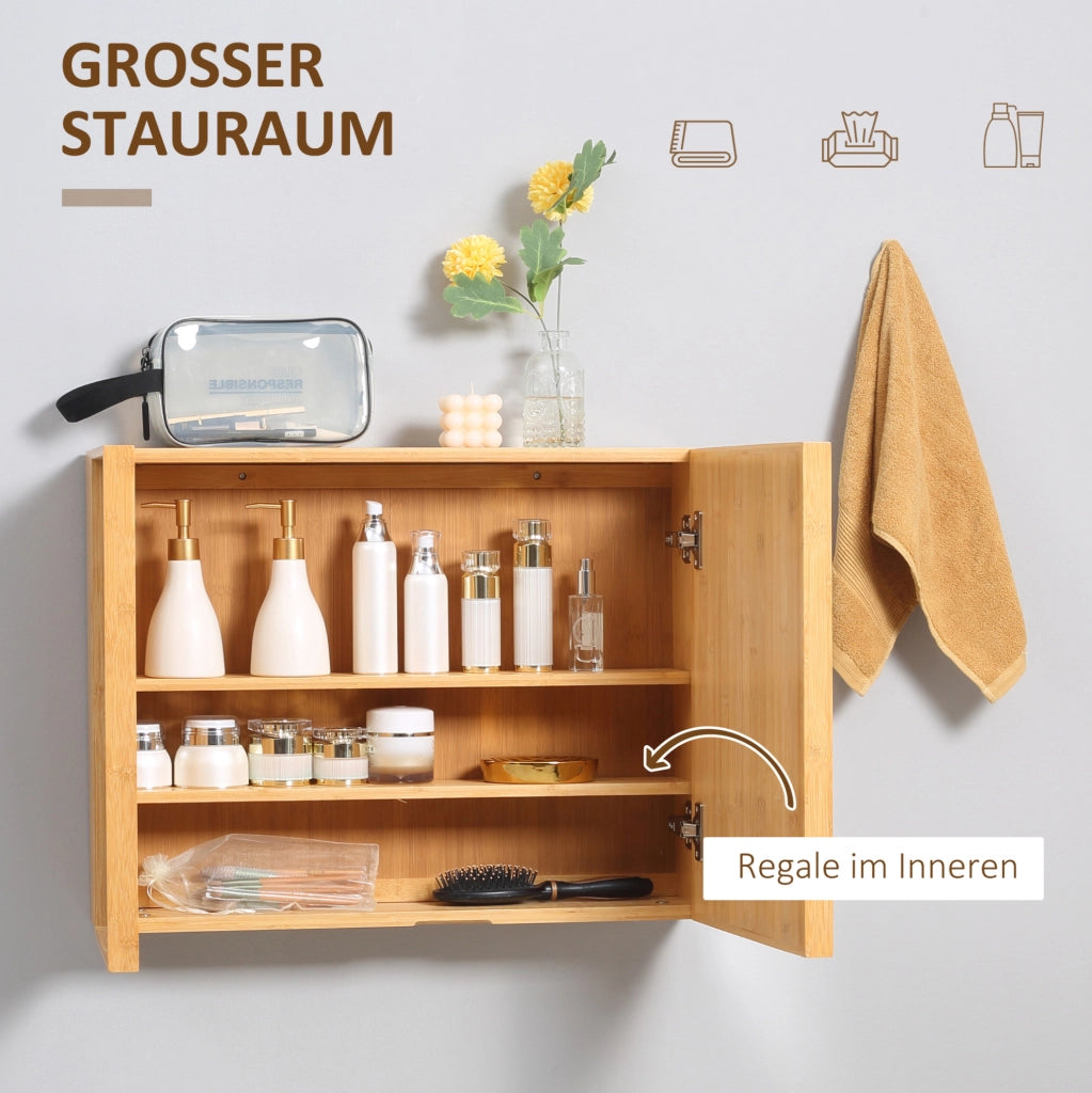 Armadio Specchio da Bagno in Bambù Naturale con Doppia Anta e 3 Ripiani 65x14x50 cm