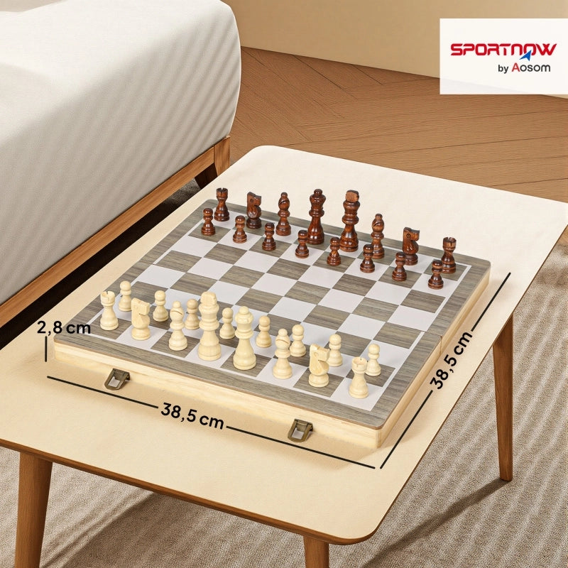 Set da gioco pieghevole, scacchi e dama, custodia compatta, noce, accessori