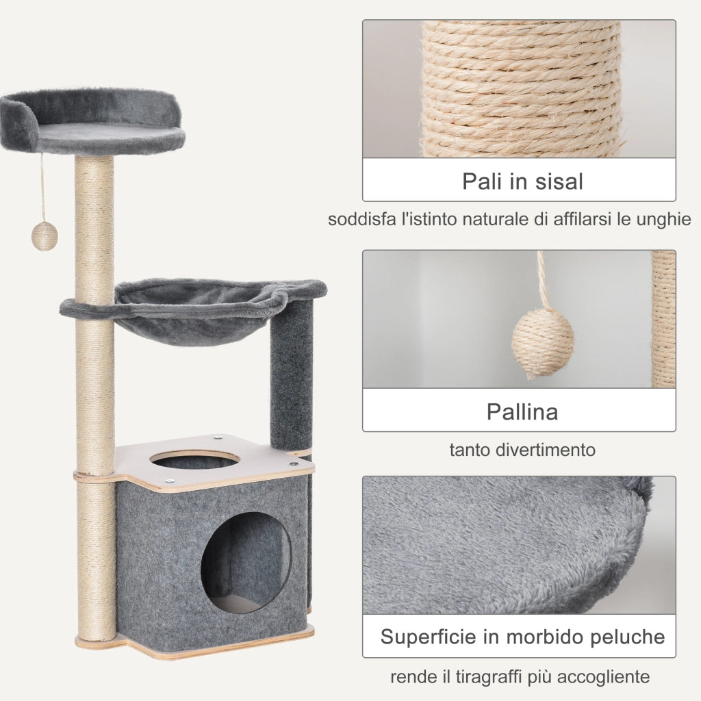 Albero Tiragraffi per Gatti con Casetta e Amaca ¨C Zephmum ¨C Grigio 48x34x95cm