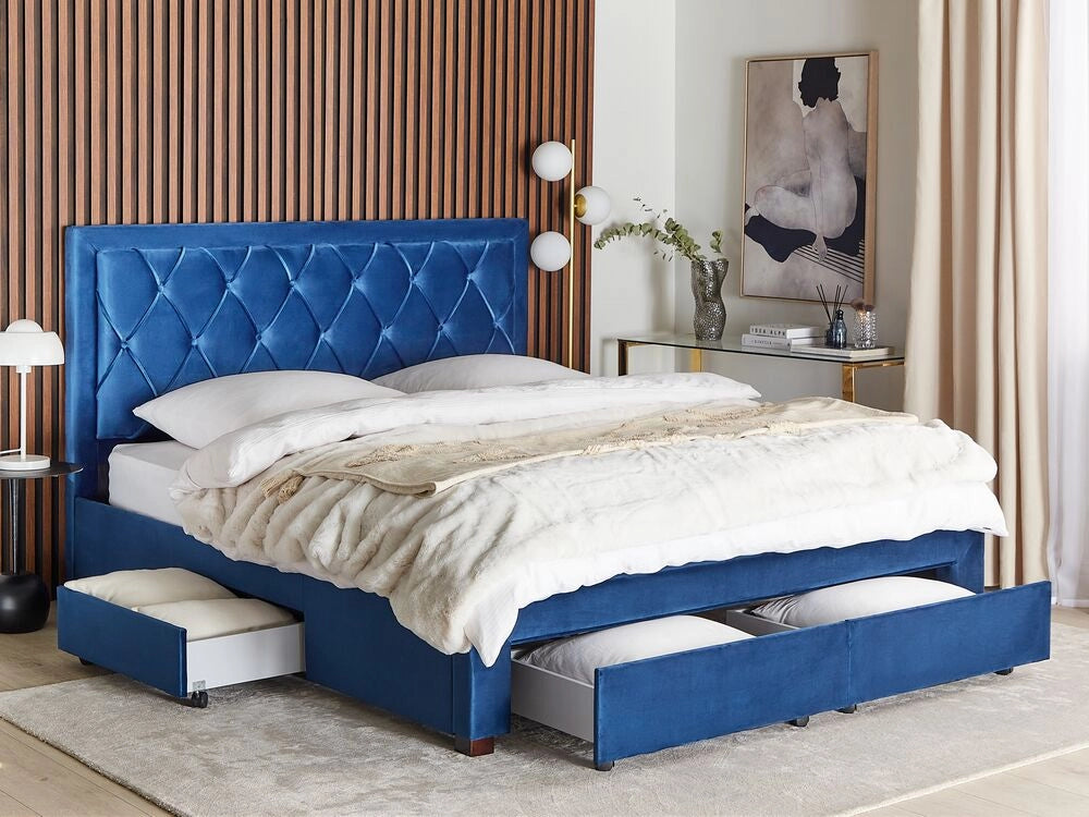 Letto contenitore tappezzeria in velluto blu 180 x 200 cm trapuntato testiera alta cassetti Glam Design