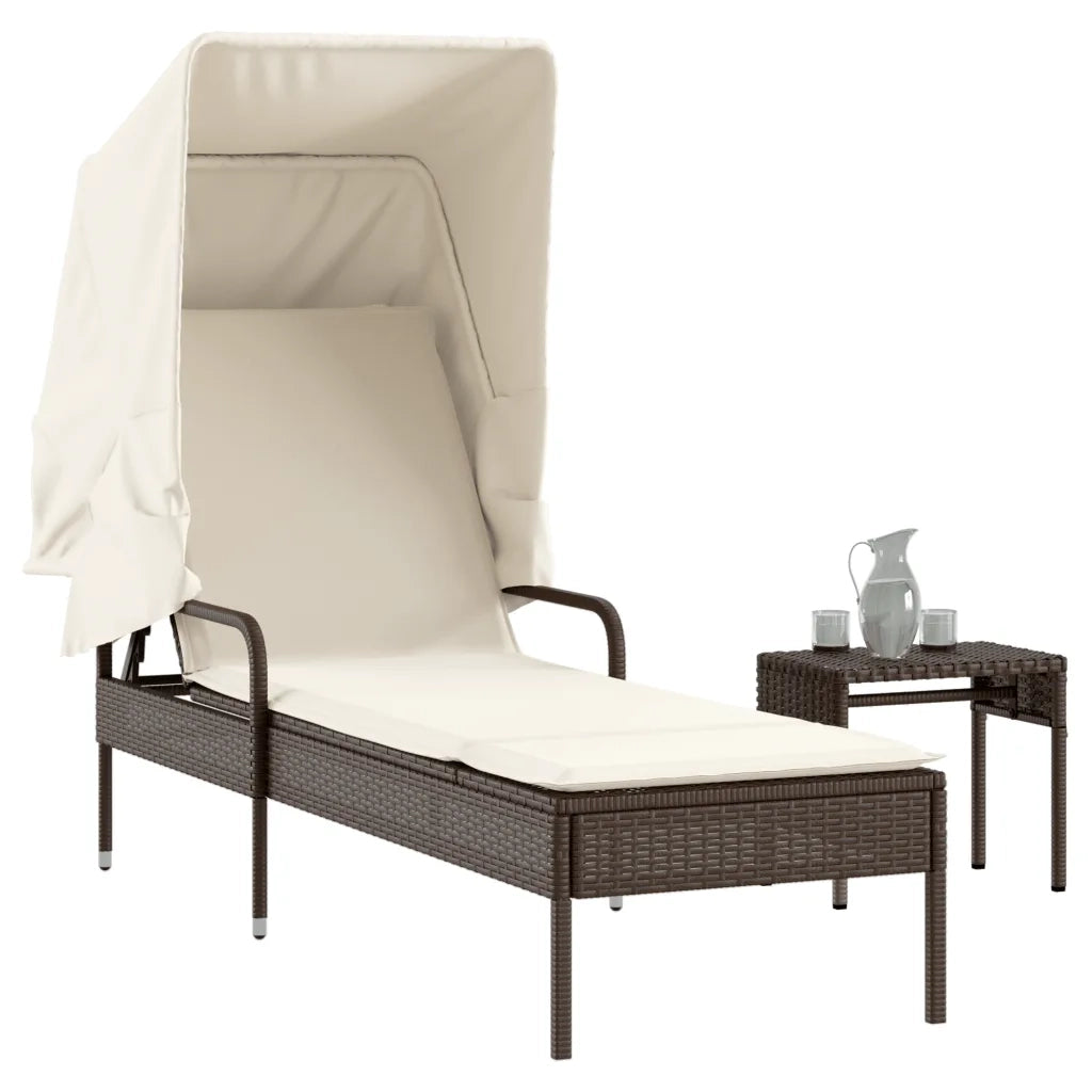 Lettino Prendisole | Sdraio da giardino | Lettino da sole con Baldacchino e Tavolo Marrone Polyrattan