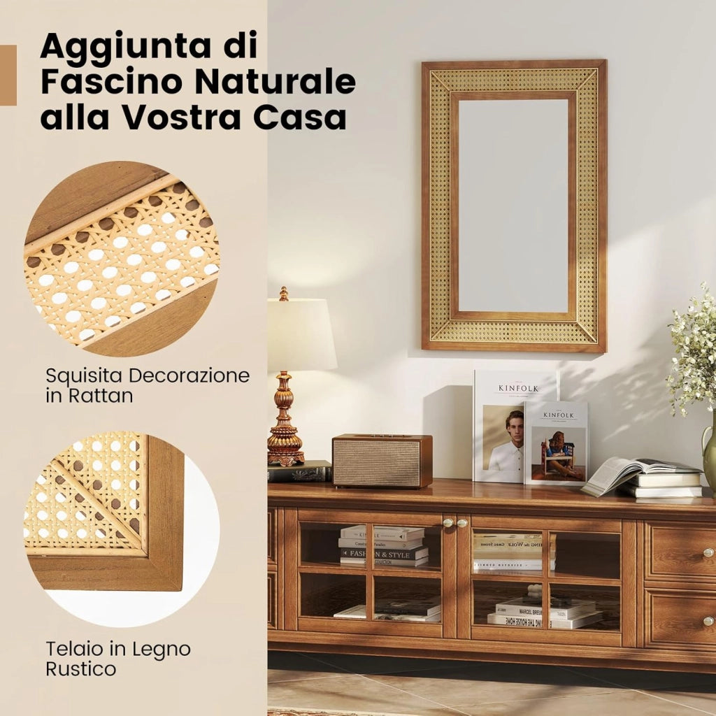 Specchio da Parete 90x60 cm in Rattan, Specchio Decorativo Rettangolare con Cornice in Legno, Specchio Verticale o Orizzontale per Bagno Soggiorno Ingresso (Rettangolo 90 x 60 cm)