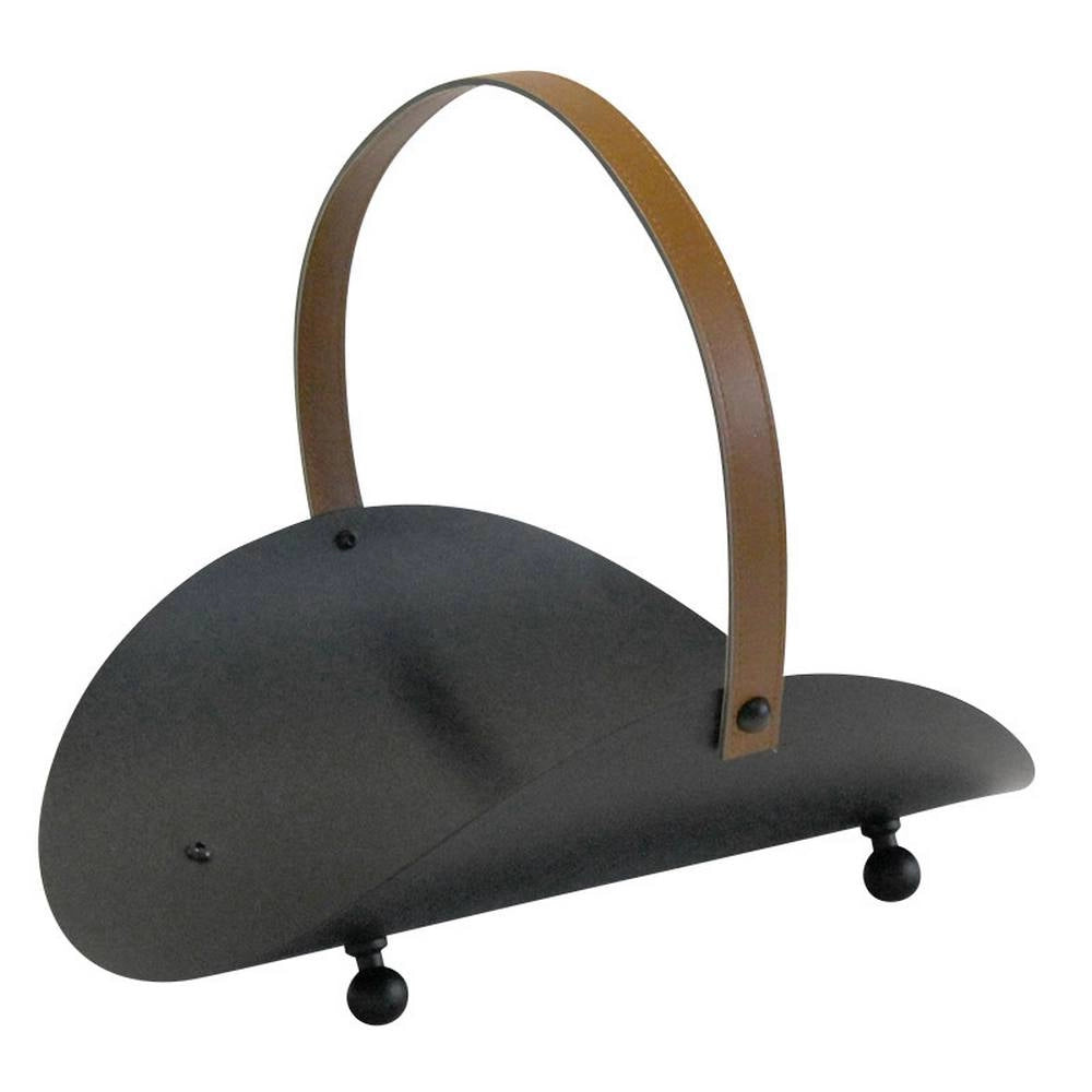 Portalegna acciaio nero con manico in ecopelle marrone h.43 l, 50x36 cm.  Made in Italy