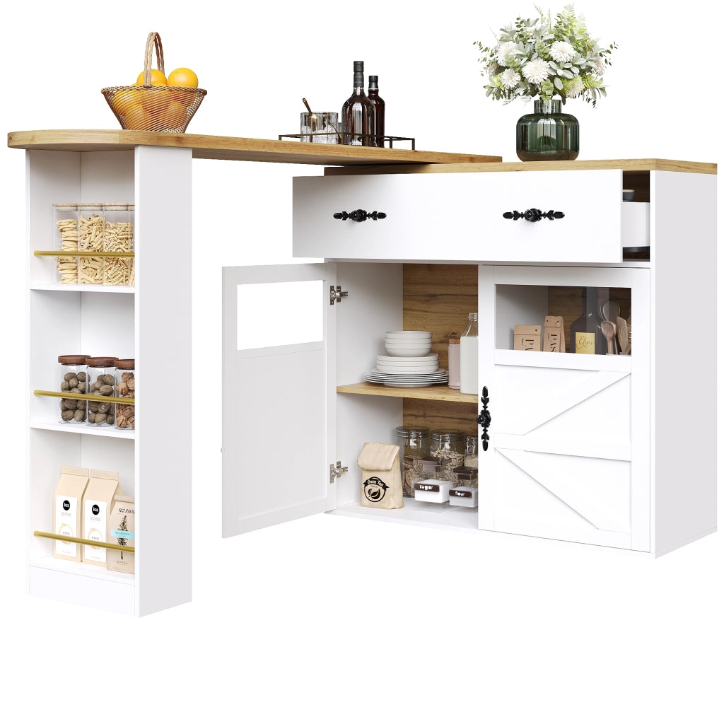 Tavolo Bar Allungabile con 1 Cassetto; 3 Ripiani e Piano Girevole a 360°; in MDF; 138-204x39x104 cm; Bianco