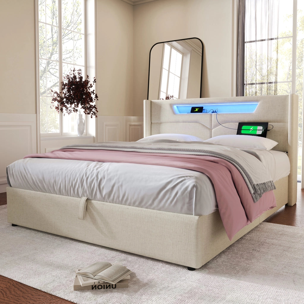 OKWISH Letto Contenitore 140×200 cm, Letto Matrimoniale con USB, Type C e LED Regolabile, senza Materasso, in Lino, Beige