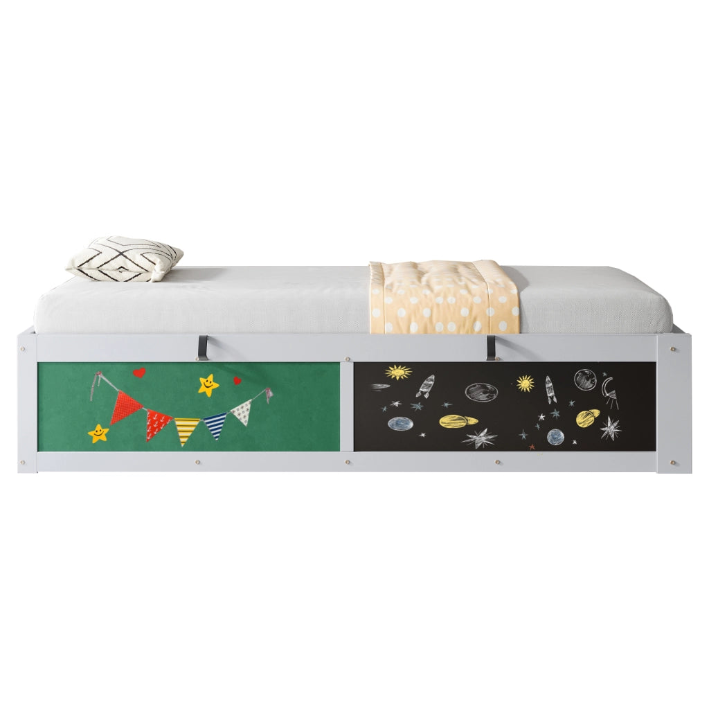 Letto Singolo in Legno 90x200 cm per Bambini Grigio con Contenitore Idraulico e Lavagna