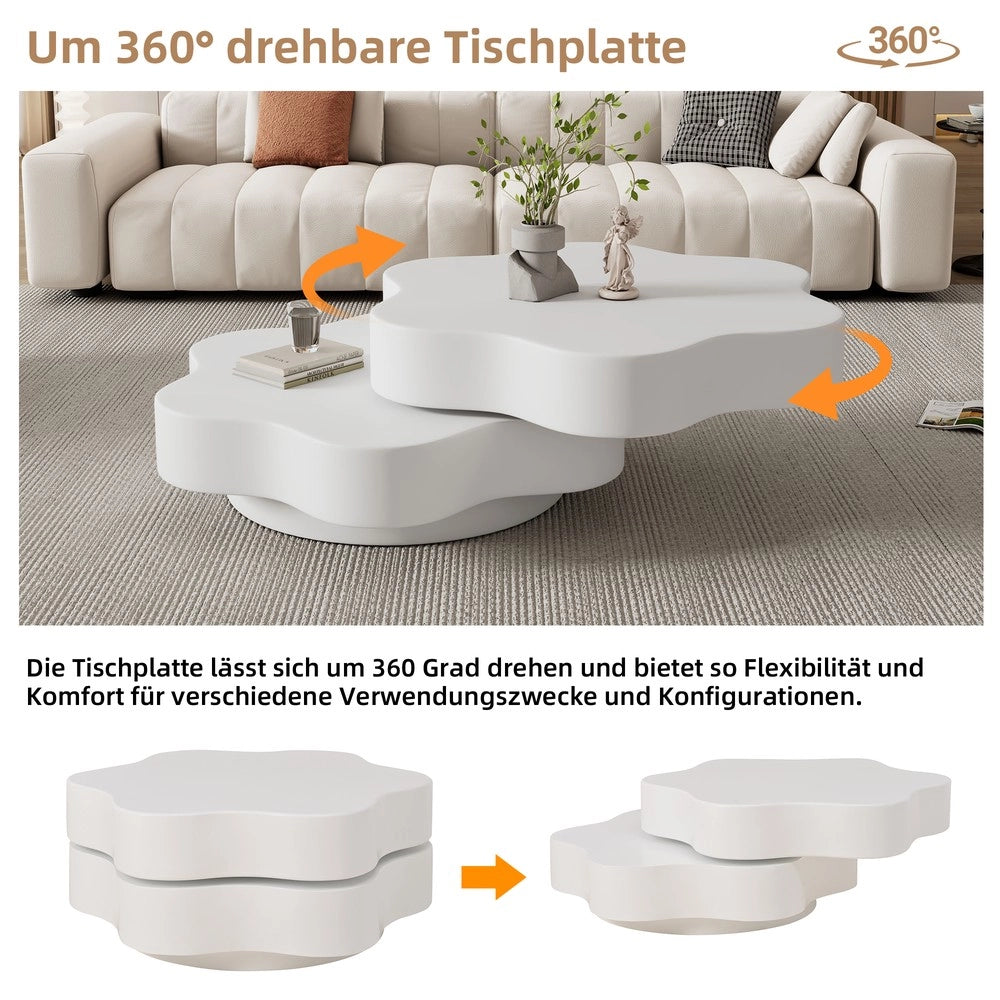 Tavolino da Salotto Rotondo ¨C MINIMAL ¨C MDF, Bianco Crema, Piano Girevole 360¡ã, 2 Livelli, 74.8x67.5x31 cm
