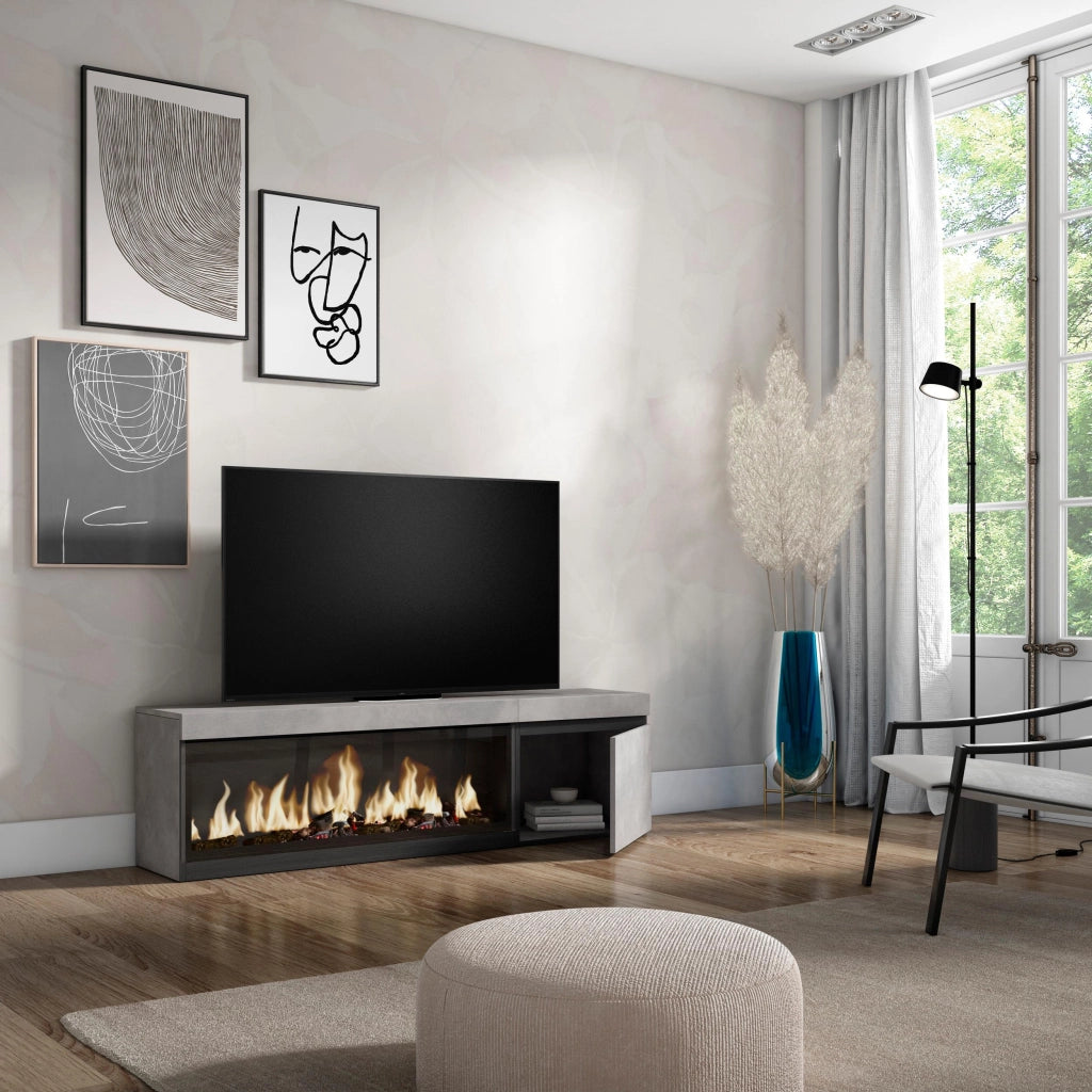 Mobile TV Soggiorno, 158x35x45cm, Per TV fino a 65", Camino elettrico XXL, grigio cemento RF3237