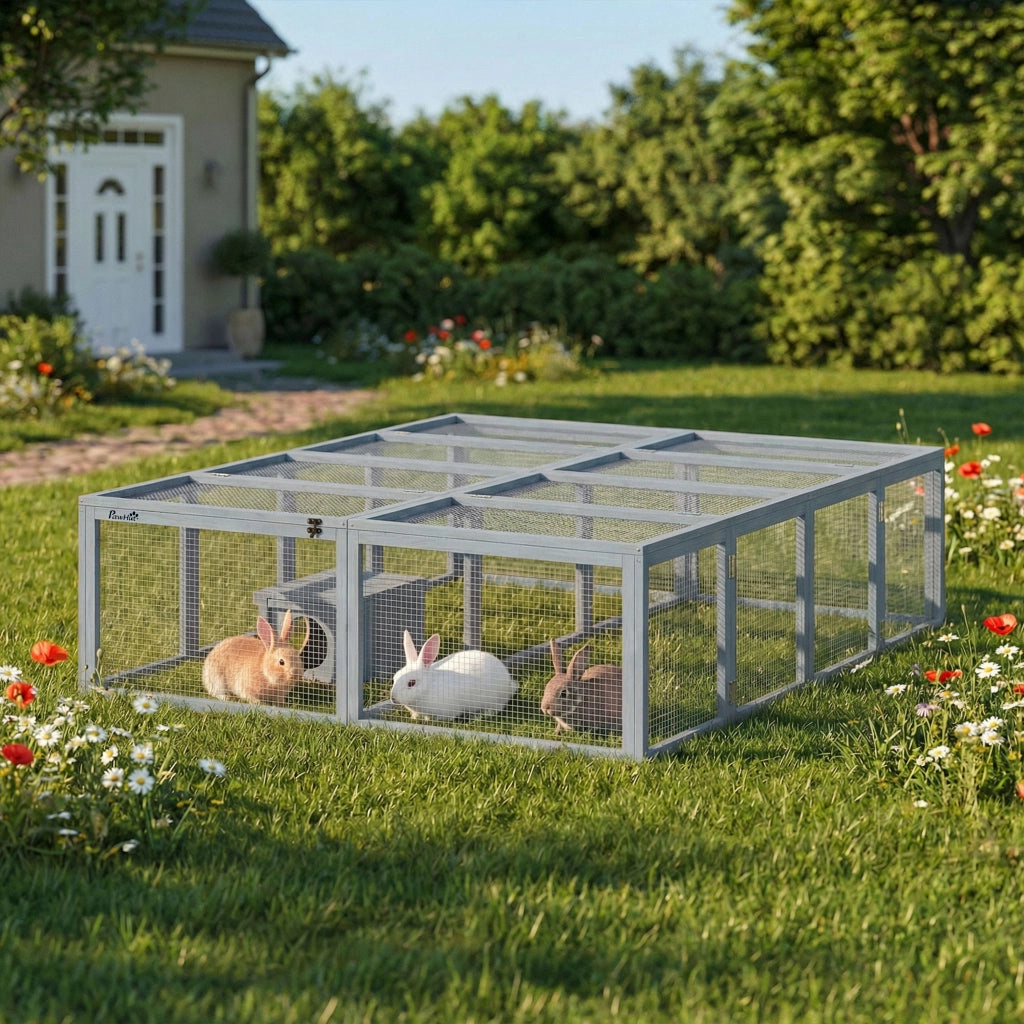 Gabbia per conigli in legno con 2 porte e rifugio ¨C zephmum ¨C grigio 180x150x48 cm