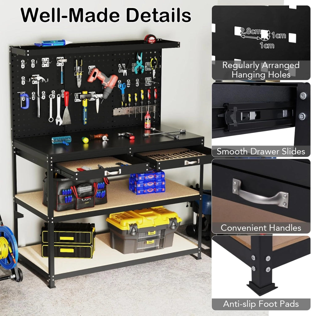 Banco da Lavoro, Organizer per Attrezzi in Metallo con 3 Pannelli Perforati con Kit di 24 Ganci, 2 Cassetti e 2 Ripiani, Banchi da Lavoro per Officina, Garage (Nero, 121 X 61 X 156 CM)