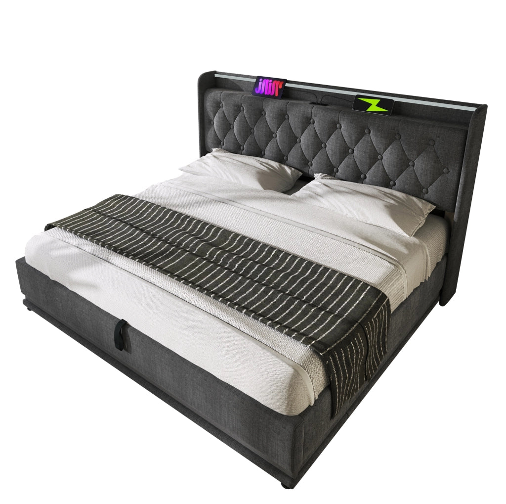 Letto matrimoniale imbottito 160x200 cm in lino grigio con LED 360掳; contenitore idraulico e USB Type-C