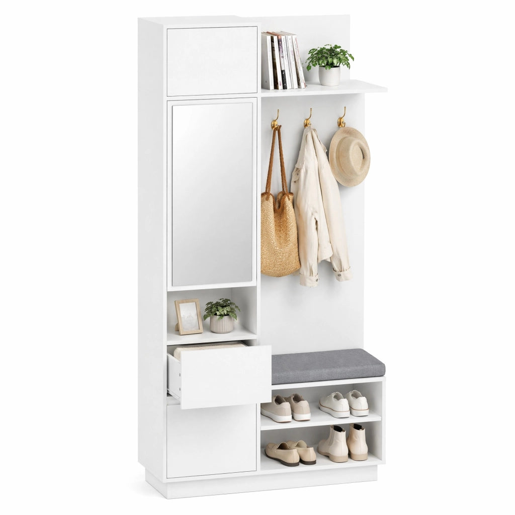Guardaroba ingresso 5 in 1 con specchio; scarpiera; cassetti e panca; MDF bianco