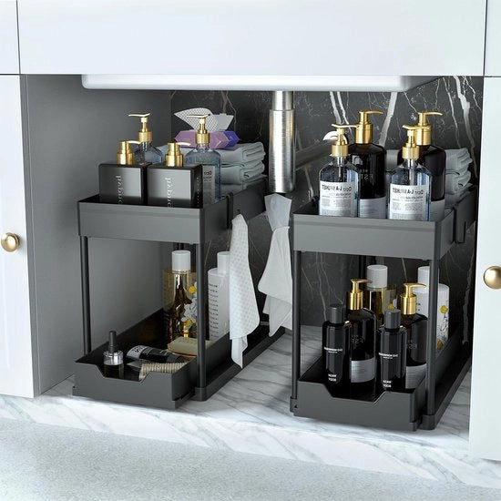 Organizzatore per bagno a 2 cassetti con chiusura a righello - 2 pezzi organizzatore per bagno a 2 livelli - cassettiera a scomparsa con organizzatore per bagno a 2 livelli - cassetto multifunzionale per raccogliere oggetti per il bagno (nero)