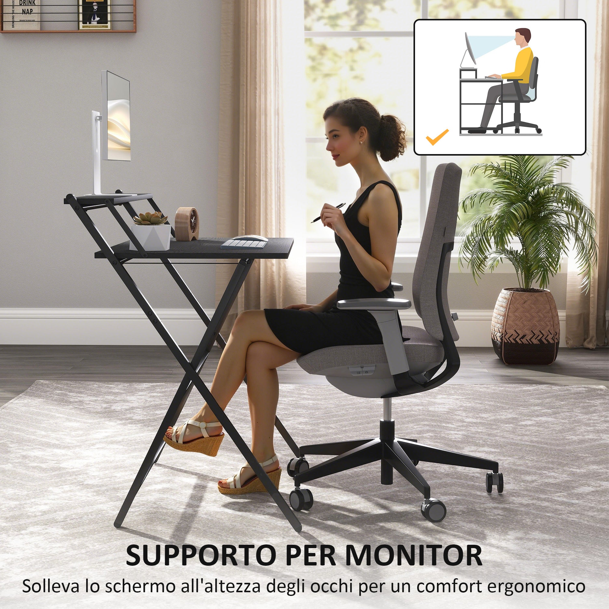 Scrivania Pieghevole 81,5x62x86,5 cm con Ripiano per Monitor Nero