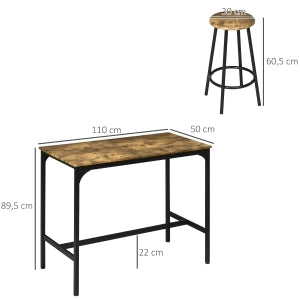 Set tavolo bar con 4 sgabelli in MDF marrone e metallo nero 110x50x89,5 cm stile industriale