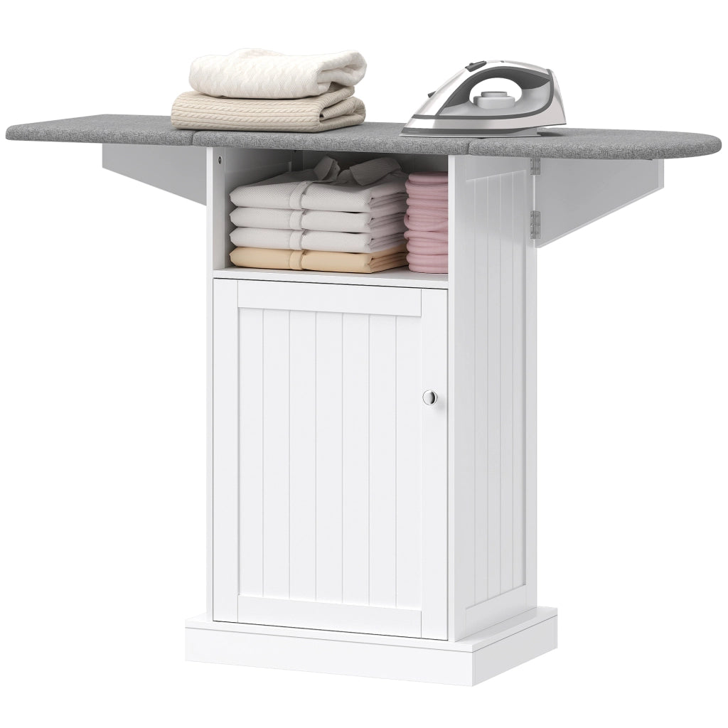 Mobile Asse da Stiro Pieghevole con Armadietto e Rotelle ¨C Zephmum ¨C Bianco Grigio 121x37x89