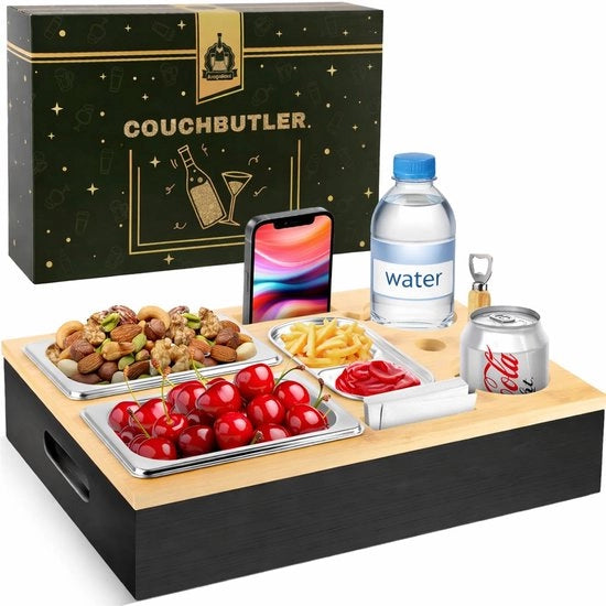 Tavolino per divano / Bar per divano – Contenitore multifunzionale per snack e drink – Con coperchio a sorsa, contenitore per bottiglie e coperchio rimovibile – Nero