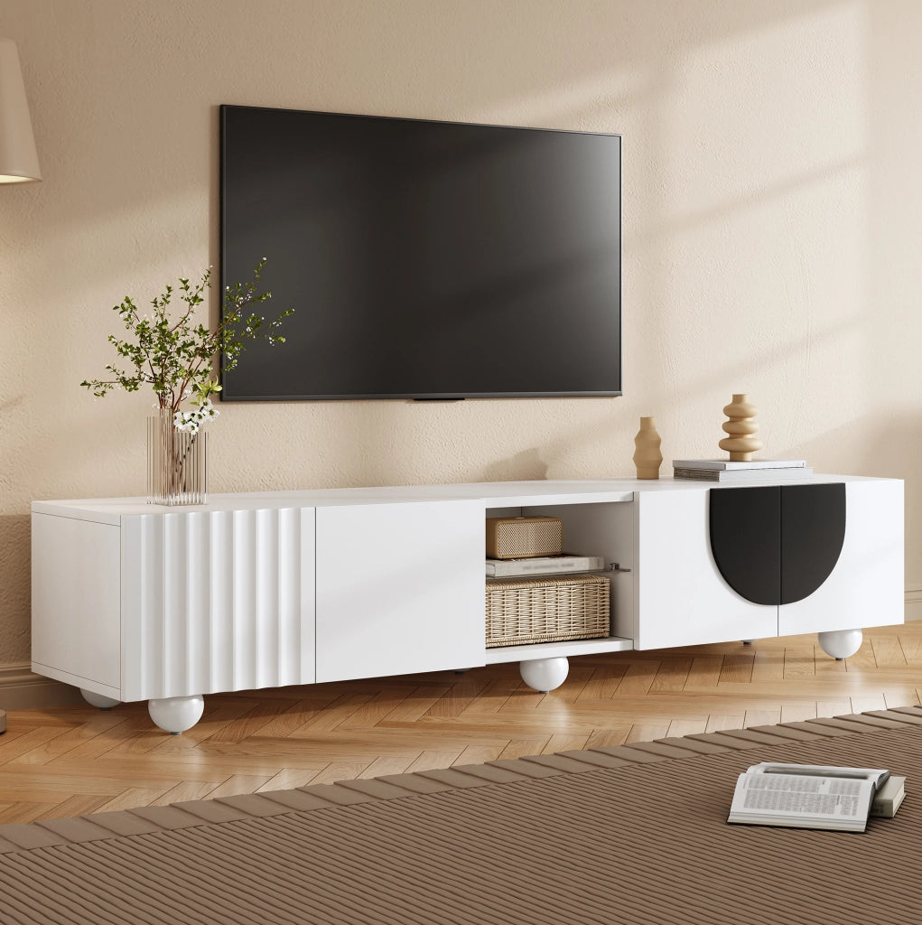 Mobile TV 180x40x41.5 cm con ante push to open e vano aperto in MDF e pannello truciolare bianco