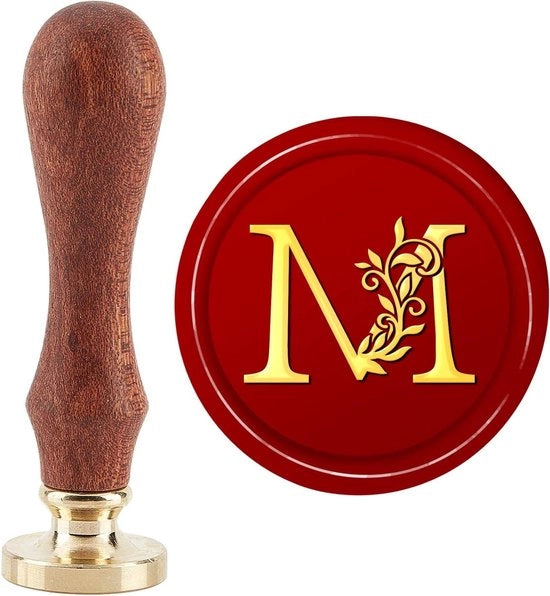 Sigillo di ceralacca per iniziali con stampe vintage, 30mm, in ottone, con manigliona in legno