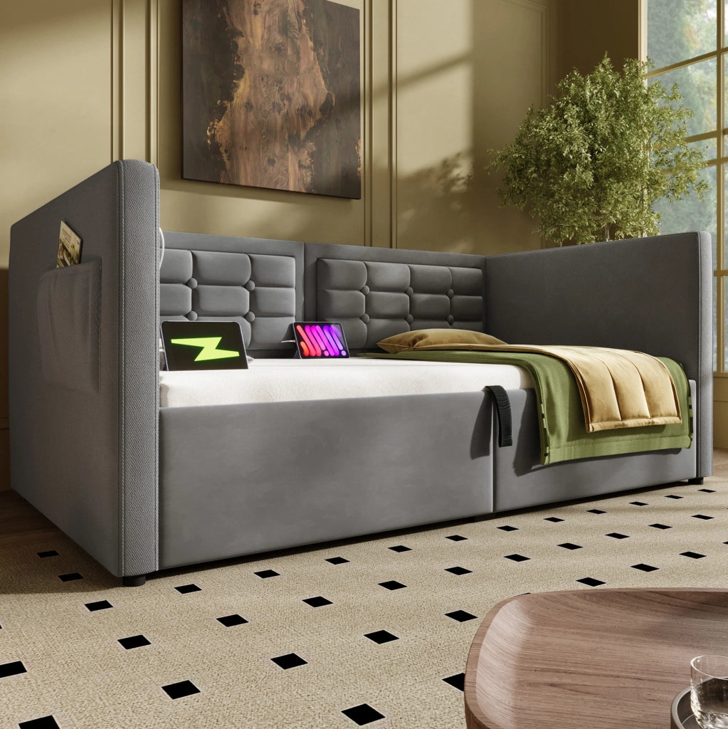 Divano letto con vano contenitore, ricarica USB e Type-C, 90x200 cm, grigio