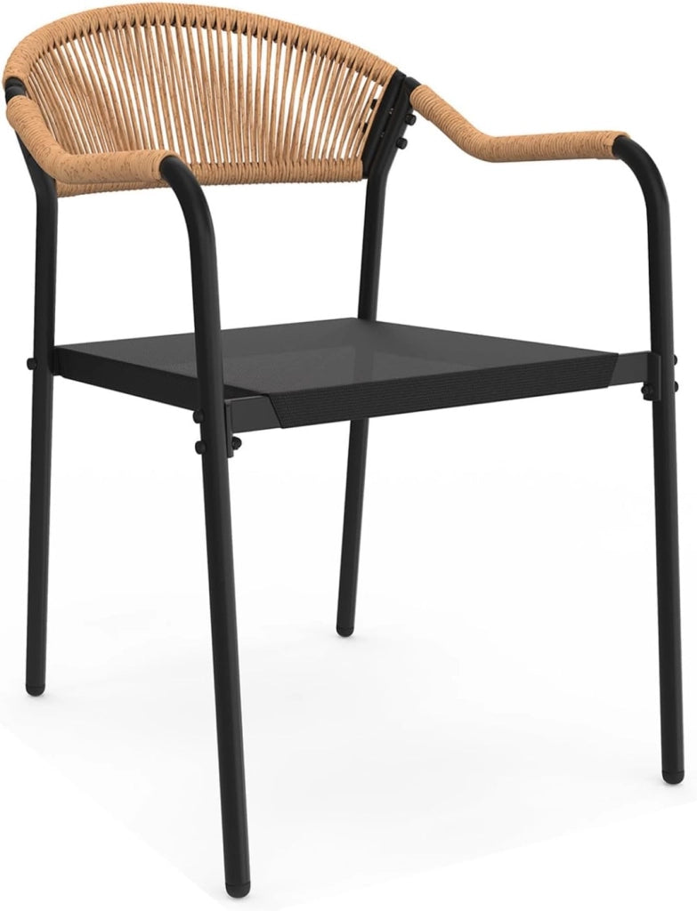 Set di mobili da Giardino Madeira Tavolo 150 cm e 6 sedie in Corda e textilene Nero e Rattan Chiaro