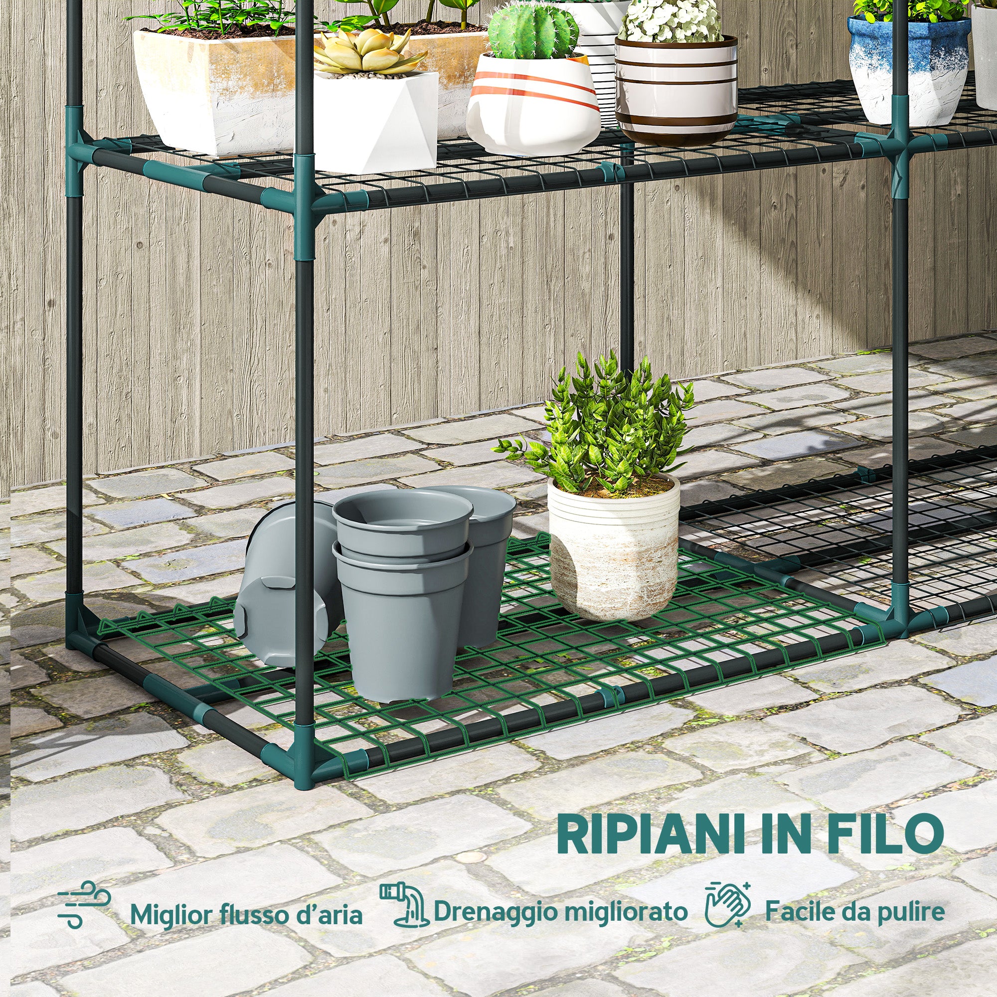 Portapiante a 3 Livelli Aperti 143x48x100 cm in Acciaio e Plastica Verde Scuro