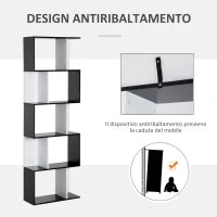 Mobile Libreria in Legno a 5 Ripiani con Divisorio, 60x24x184.5 cm, Bianco e Nero