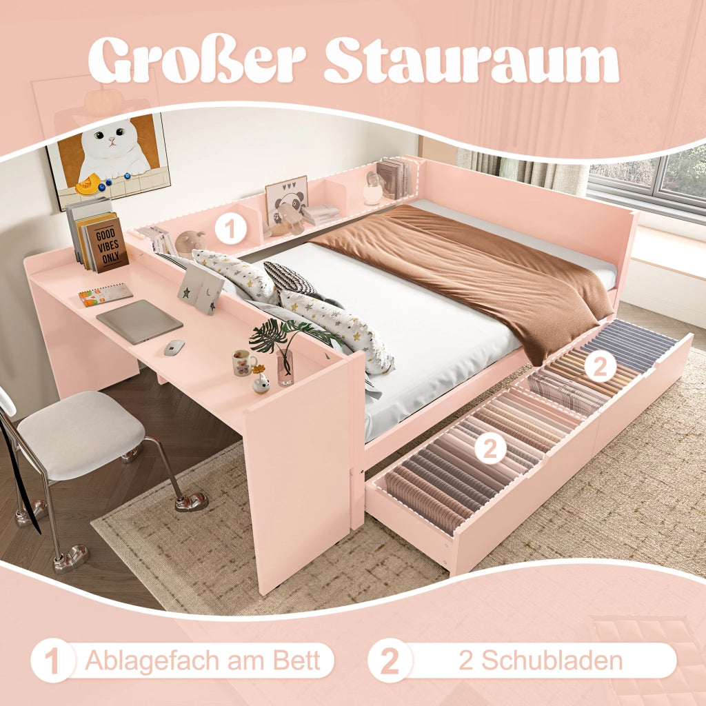 Letto basso con scrivania in pino e truciolare 140x200 cm
