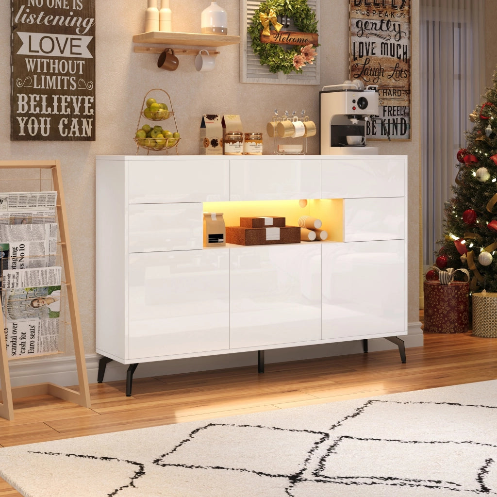 Credenza e madia con LED e 3 cassetti, 5 vani e vano aperto, per soggiorno, bianco, 140 × 30 × 82 cm