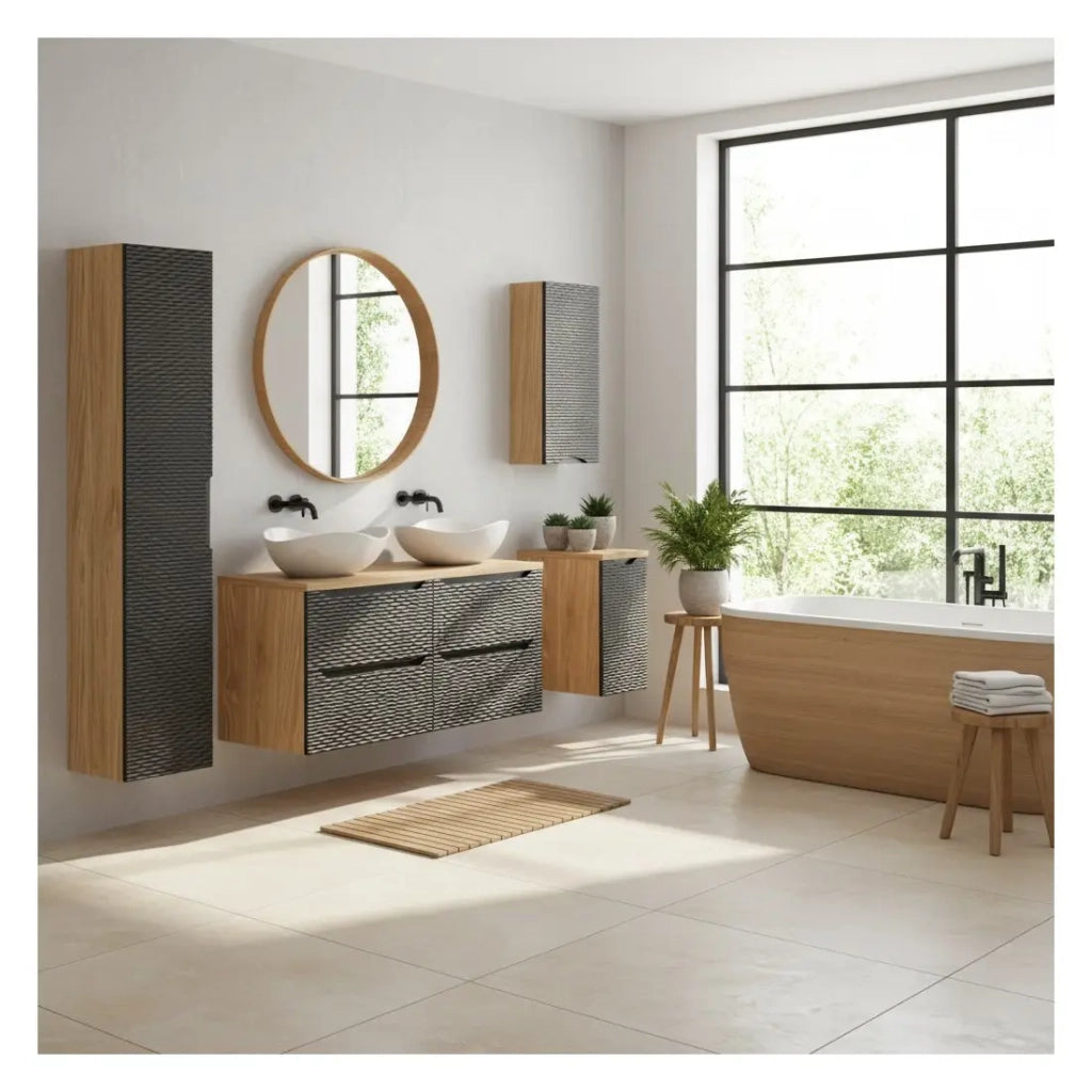 Set da bagno YOKA nero: mobili sotto lavabo + piano per lavabo + 2 lavabi + 2 mobili e 1 colonna di stoccaggio
