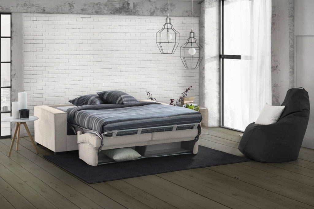 Divano Letto Asteroide, Divano a 3 posti, Made in Italy, SofÒ  Soggiorno con apertura girevole, in tessuto imbottito, con Braccioli standard, cm 220x95h90, Tortora