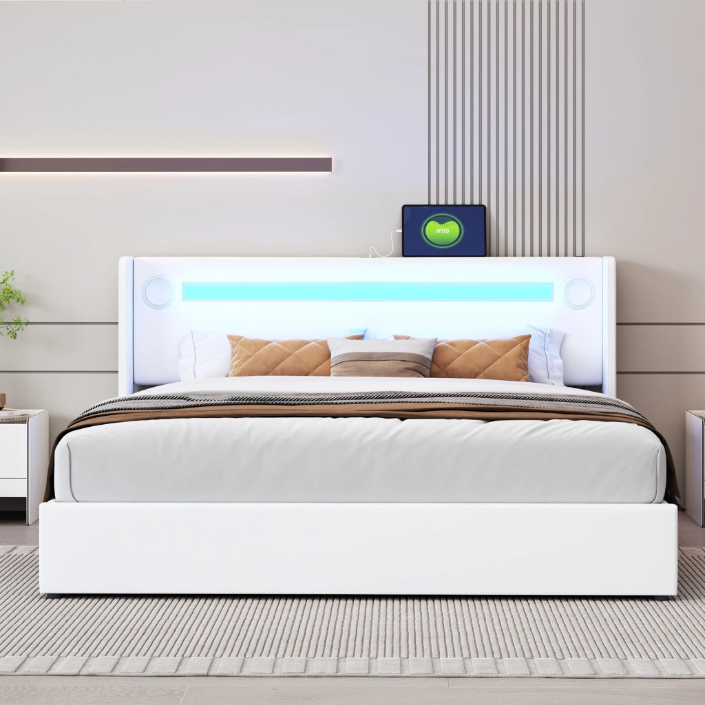 OKWISH Letto Contenitore 160×200 cm, Letto Matrimoniale con LED, Bluetooth, USB e Tipo C, senza Materasso, in Ecopelle, Bianco